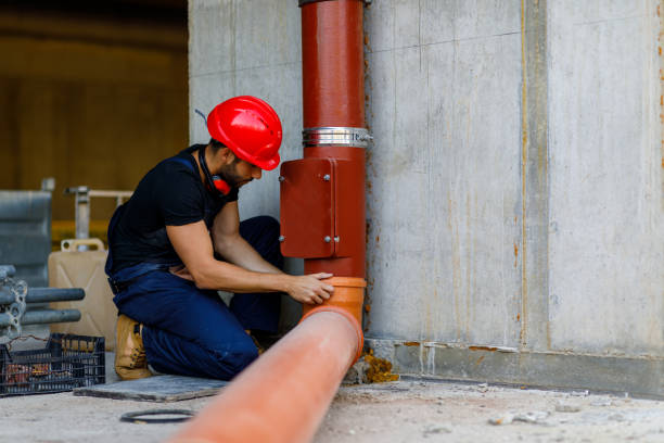 A Young Plumber is Fixing a Water Pipe at a Building Site. Photo of a Young Male Plumber with Protective Helmet who is Repairing a Water Pipe at the Construction Site. plumbing company stock pictures, royalty-free photos & images