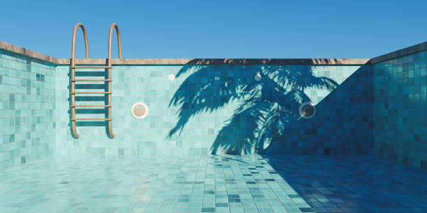 empty swimming pool with rusty stairs and tile floor empty swimming pool with rusty stairs and tile floor. concept start of summer. 3d render pool leak stock pictures, royalty-free photos & images
