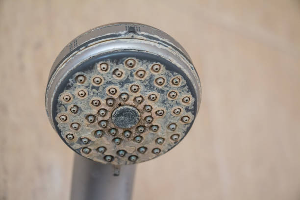 Hard water deposit and rust on shower tap Hard water calcium deposit and corrosion on chrome shower tap hard water stock pictures, royalty-free photos & images