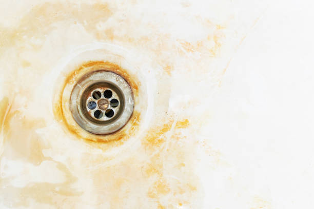 Old rusty bathtub surface with a metal drain hole. Dirty cracked unclean bath with red rust stain, close-up. Corrosion, unsanitary concept, copy space. An old rusty bathtub surface with a metal drain hole. Dirty cracked unclean bath or sink with red rust stain, close-up. Corrosion, unsanitary concept, copy space. 2. Clogged Drains stock pictures, royalty-free photos & images