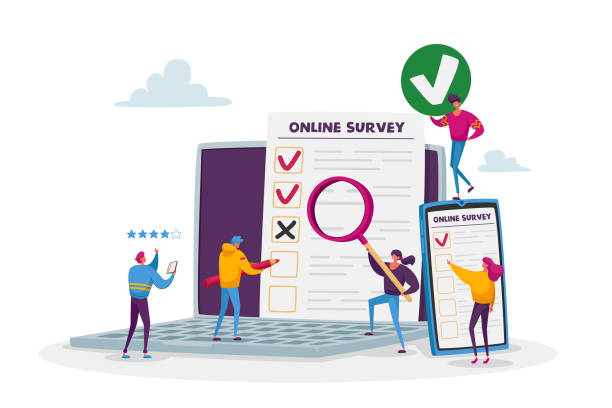Online Survey Concept. Tiny Male and Female Characters Filling Digital Form on Huge Laptop and Smartphone Application Online Survey Concept. Tiny Male and Female Characters Filling Digital Form on Huge Laptop and Smartphone Application. Customer Feedback, Service Rate, Voting. Cartoon People Vector Illustration customer reviews stock illustrations